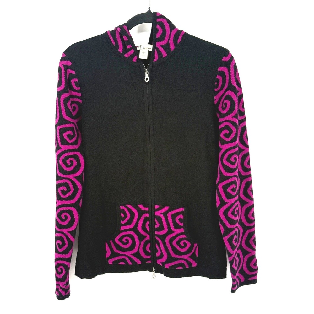 Neve Womens Zip Up Swirl Pattern Whimsigoth Wool Knit Hoodie Size L Gorpcore Art